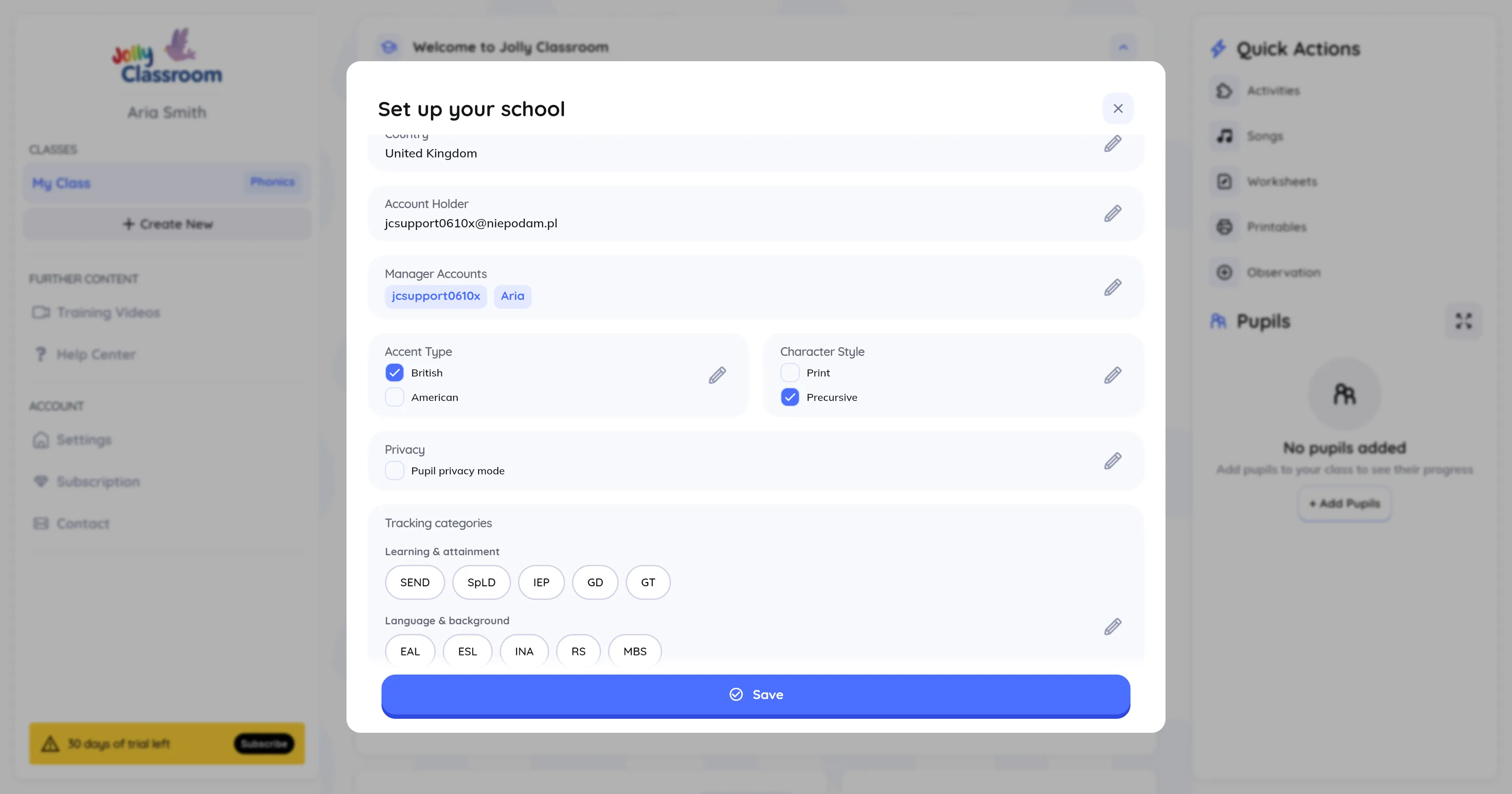Accent, font, privacy, and tracking options